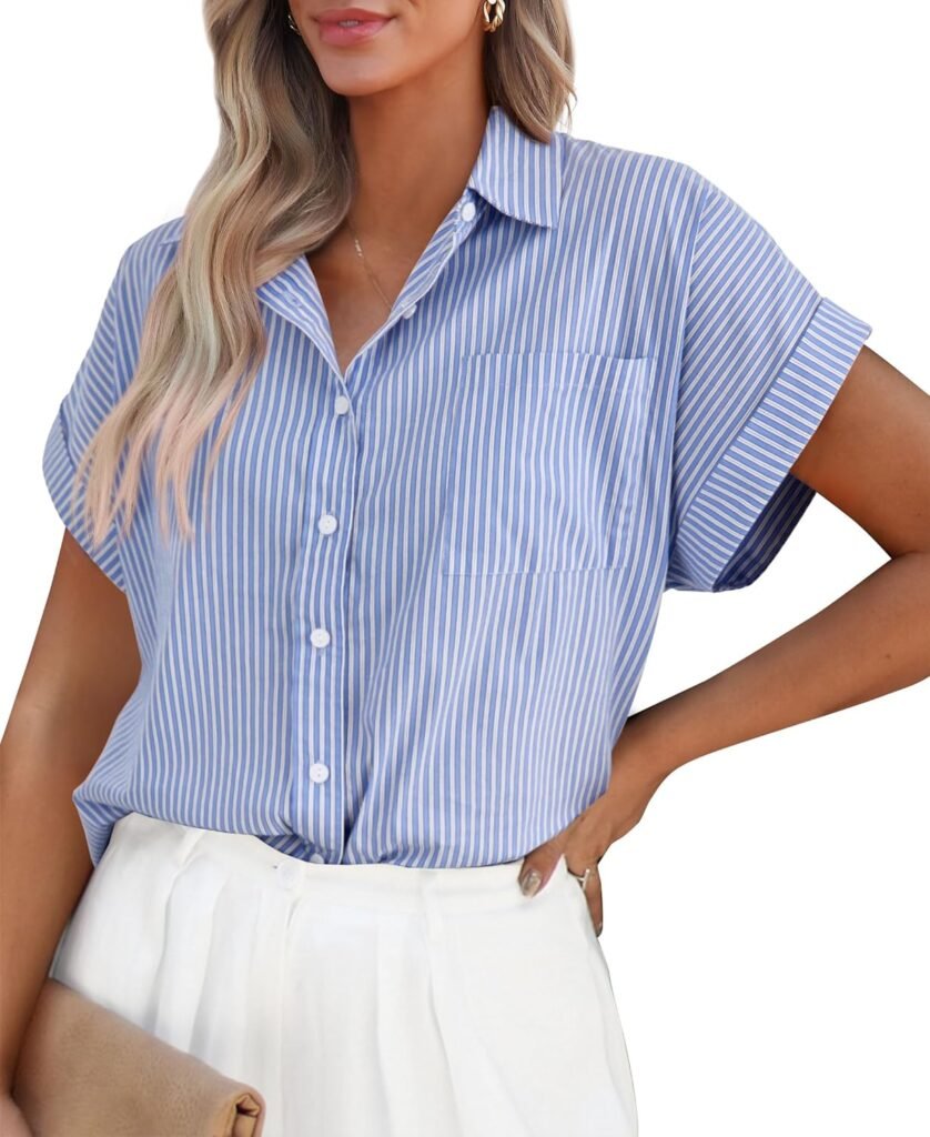 PRETTYGARDEN Striped Shirts Button Up Tops for Women 2024 Summer Short Sleeve V Neck Dressy Casual Blouse
