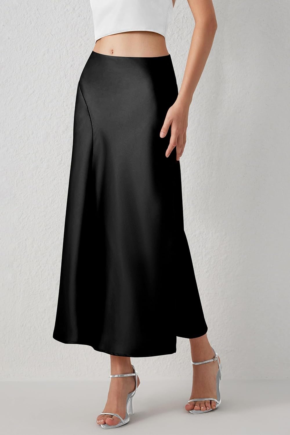 PRETTYGARDEN Womens Satin Midi Skirts 2024 Summer High Waisted A Line Elegant Cocktail Party Long Silk Skirt