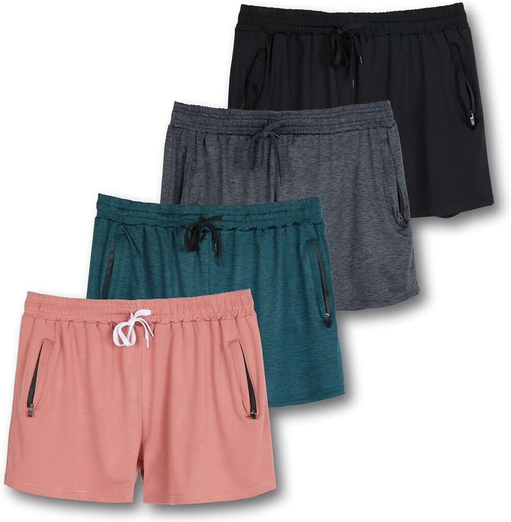 Real Essentials 4 Pack: Womens Active Athletic Performance Dry-Fit Shorts with Zipper Pockets (Available in Plus Size)