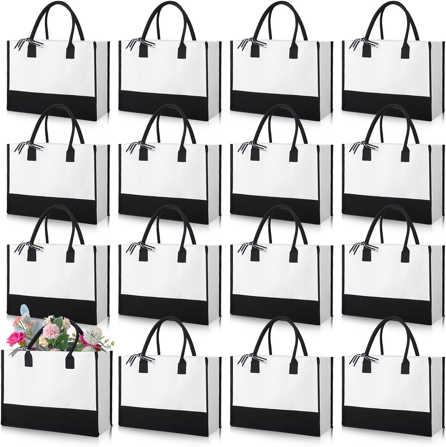 Reginary 12 Pack Canvas Tote Bags Initial Classic Black and White Present Bag Personalized for Wedding, Birthday, Beach, Holiday