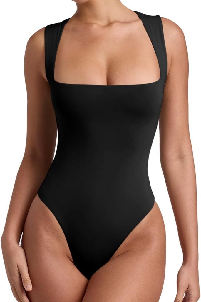 REORIA Women’s Sexy Sleeveless Square Neck Double Lined Bodysuit Tank Tops