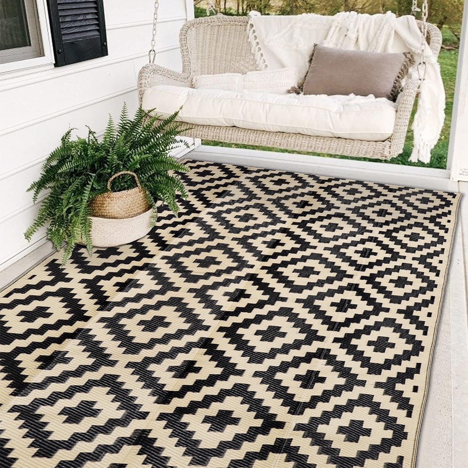 SAND MINE Reversible Mats, Plastic Straw Rug, Modern Area Rug, Large Floor Mat and Rug for Outdoors, RV, Patio, Backyard, Deck, Picnic, Beach, Trailer, Camping, Black  Beige, 5 x 8