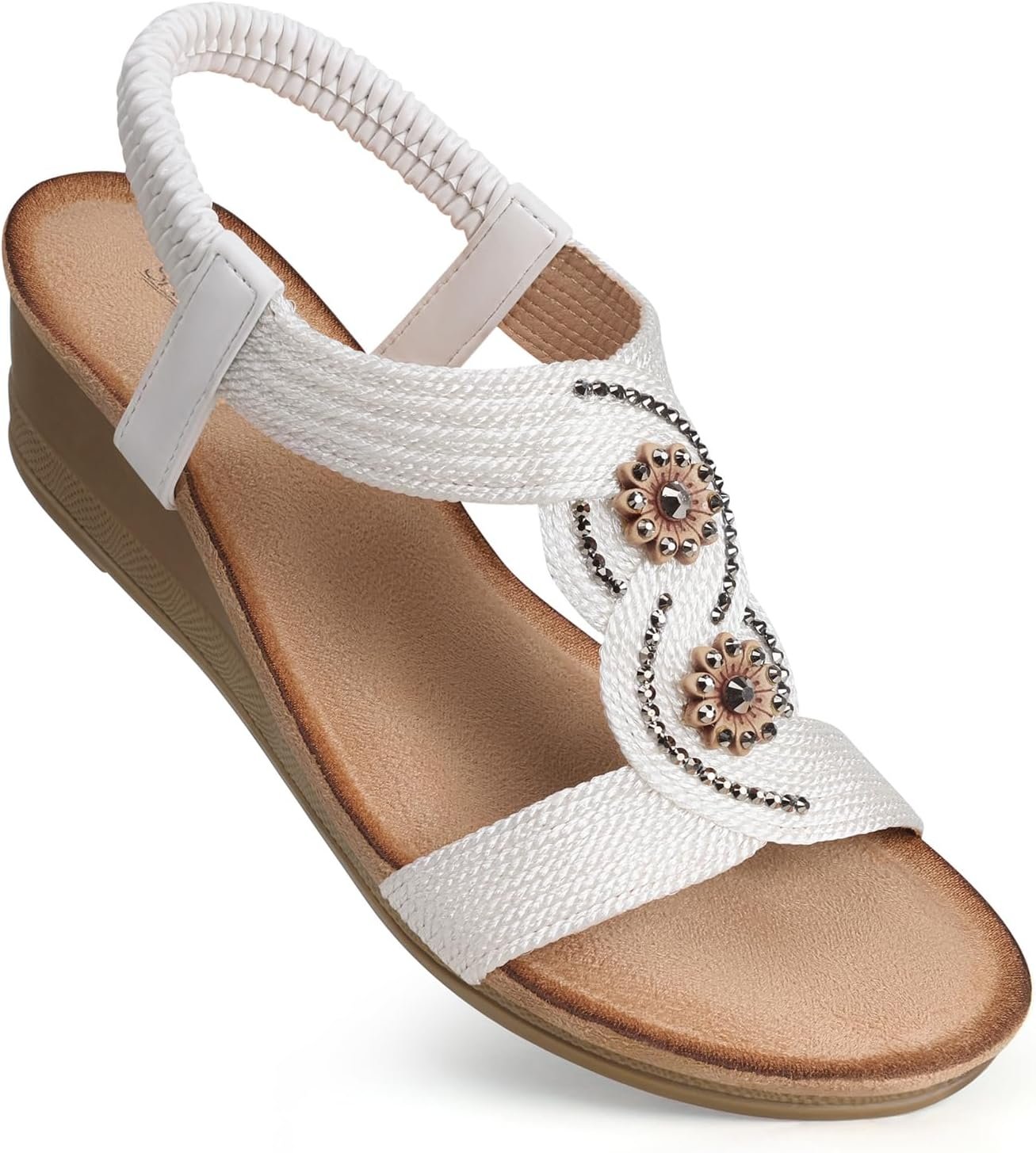 SHIBEVER Womens Sandals Wedge Low: Open Toe Elastic Ankle Strap Wedge Sandal - Dressy Sandals Women - Comfortable Summer