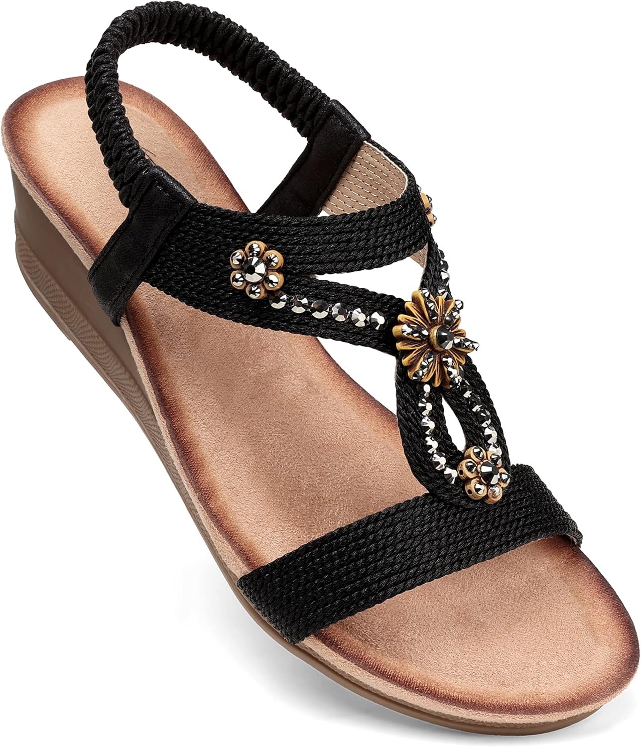 SHIBEVER Womens Wedge Sandals Flower Low Heel Dressy Sandals Elastic Ankle Strap Rhinestone Sandals Summer Comfortable Shoe
