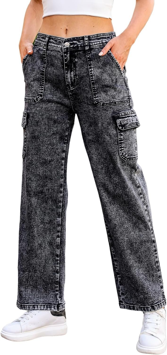 Sidefeel Women Wide Leg Cargo Jeans High Waisted Stretch Denim Pants with Flap Pockets