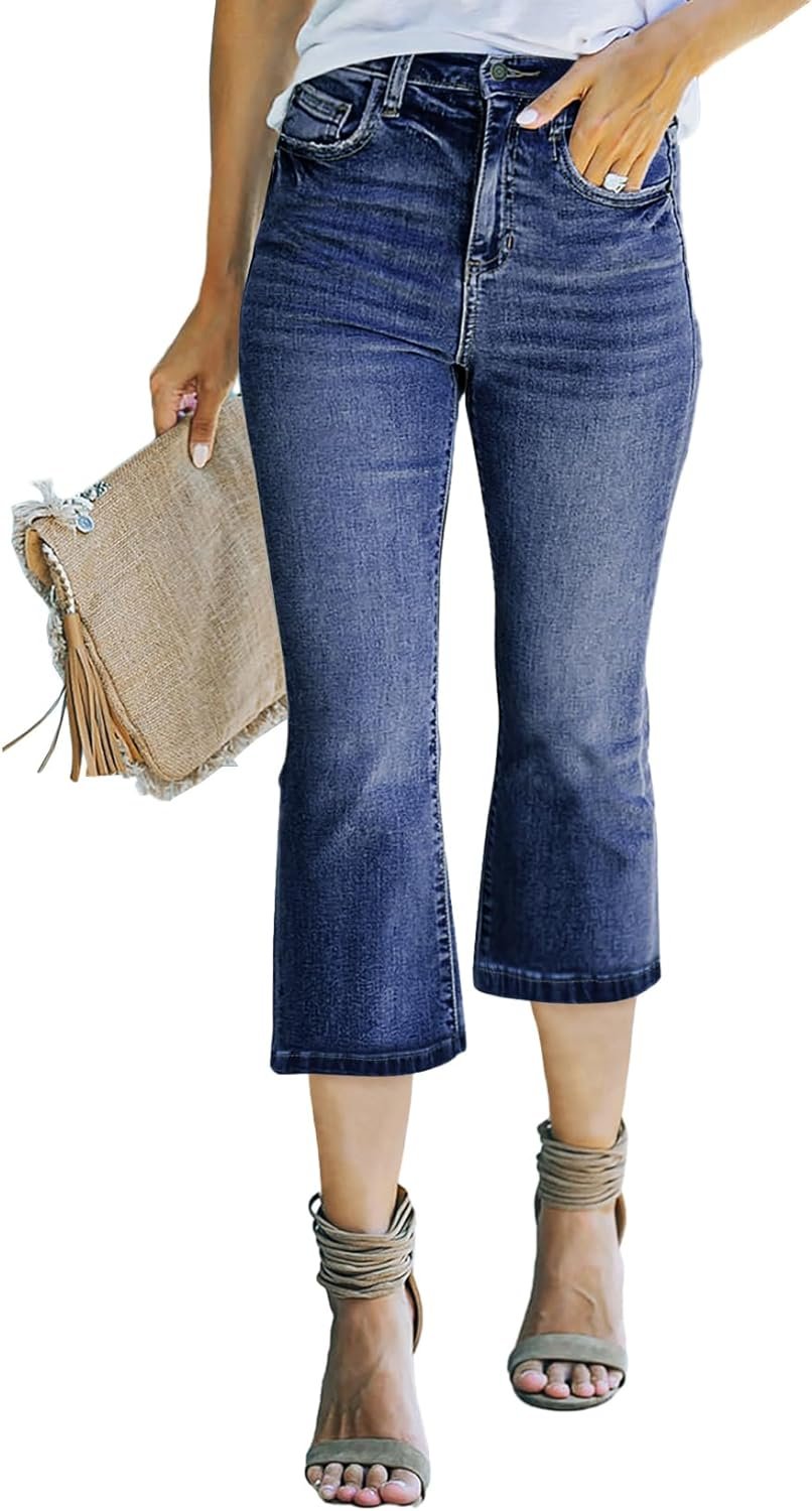 Sidefeel Womens Capri Jeans High Waisted Bell Bottoms Summer Denim Flare Pants