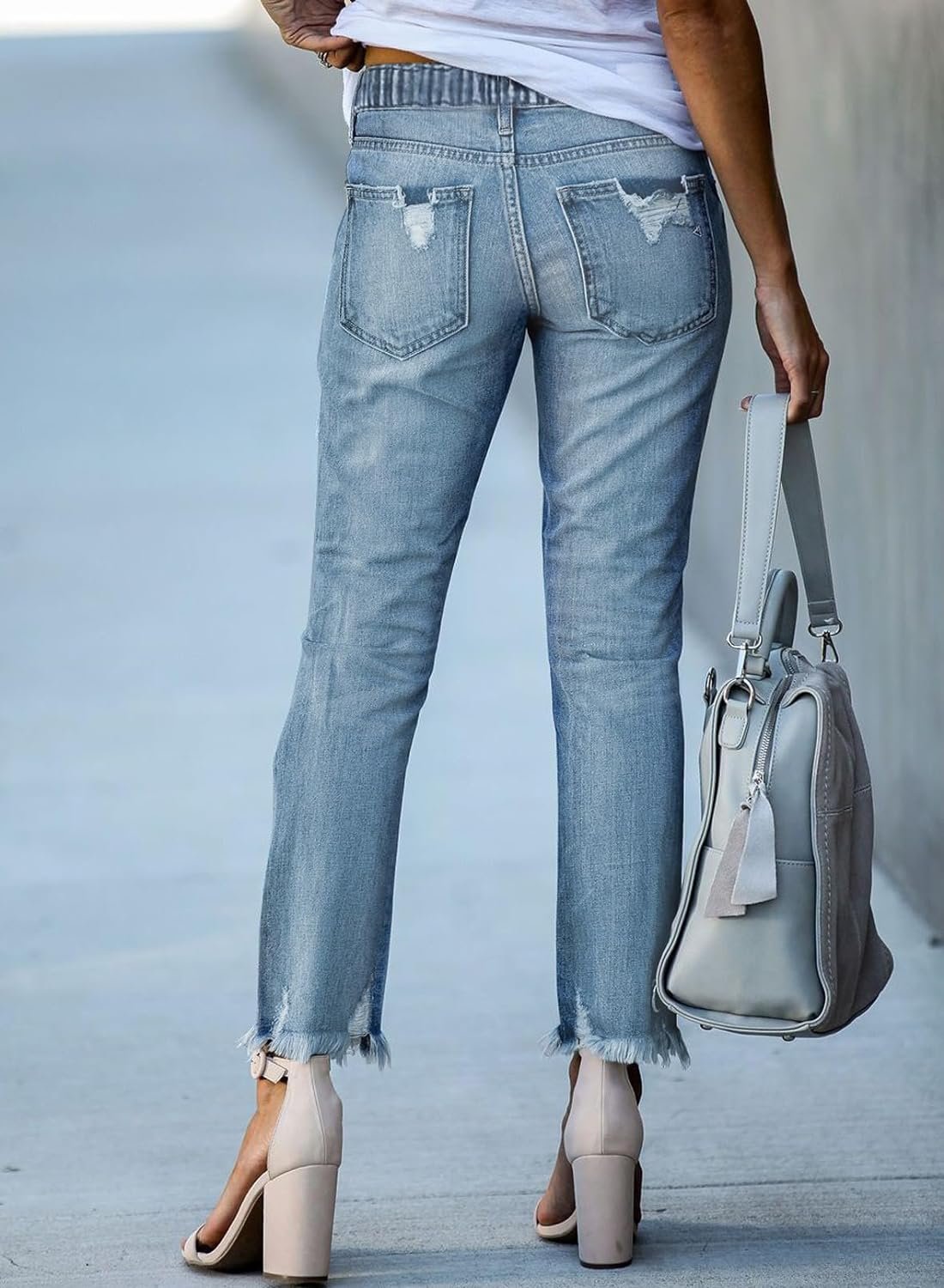 Sidefeel Womens Cargo Jeans Ripped Elastic Drawstring Waist Denim Joggers Trouser Pull On Pants