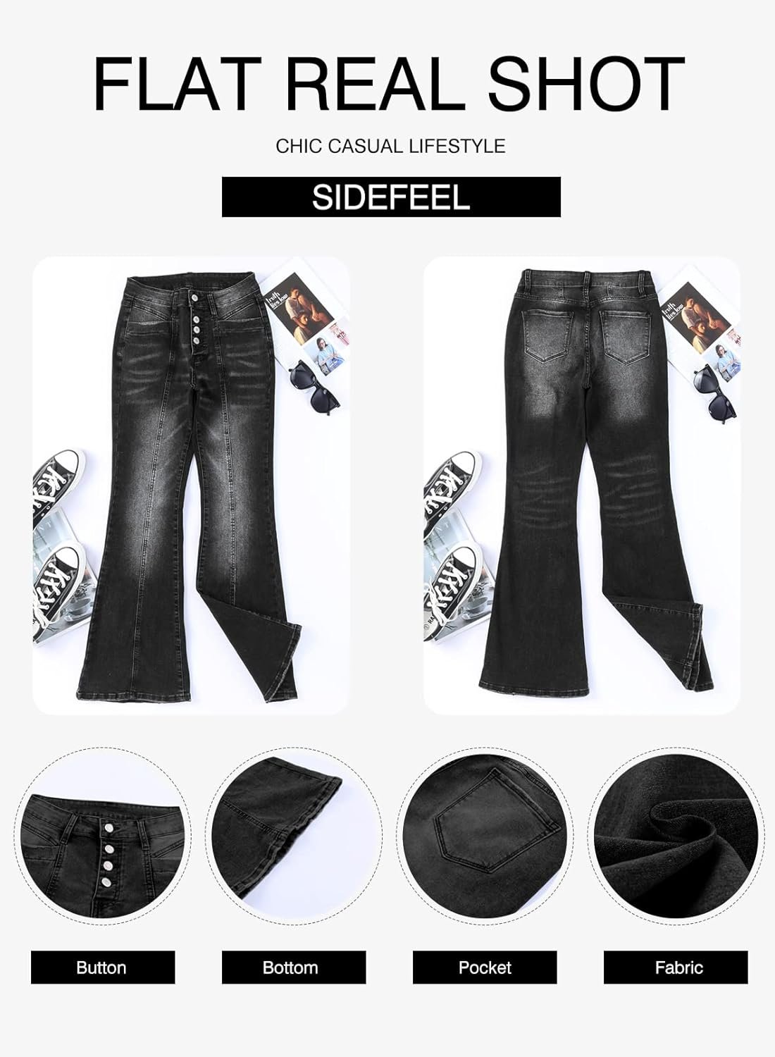 Sidefeel Womens Flare Bell Bottom Jeans Wide Leg Jeans Button High Waist Bootcut Pants with Pocket