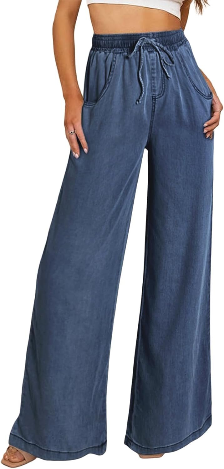 Sidefeel Womens High Waisted Wide Leg Jeans 2024 Summer Drawstring Denim Pants