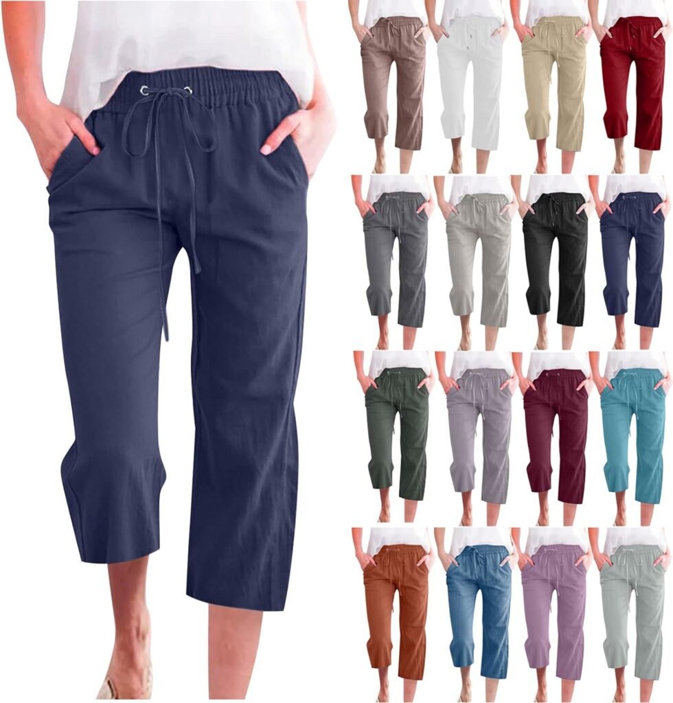 SMIDOW Capri Pants for Women Casual 2023 Summer Drawstring Elastic High Waist Linen Pant Straight Wide Leg Cropped Trouser