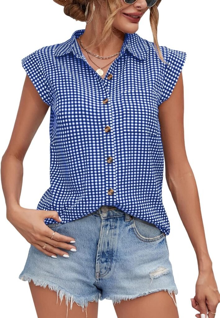 SOLY HUX Womens Plaid Button Down Shirt Cap Sleeve Pocket Front Summer Tops Blouse