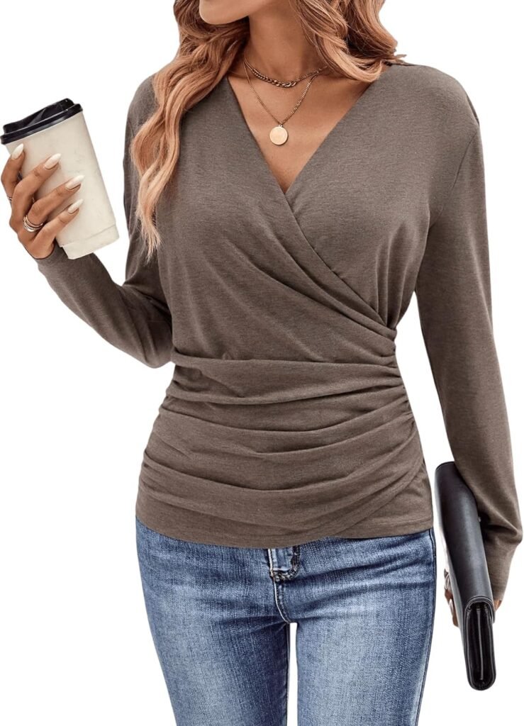 SOLY HUX Womens V Neck Ruched Side Wrap T Shirt Long Sleeve Casual Tee Tops