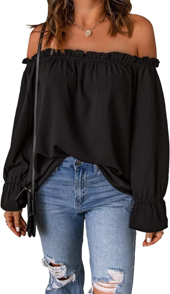 Spriolim Womens Off Shoulder Top Ruffle Long Sleeve Chiffon Blouse Casual Loose Shirts
