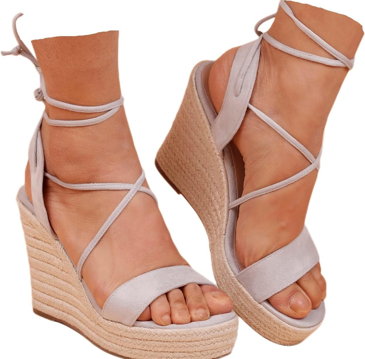 SUMOJIU Womens Wedge Platform Espadrille Open Toe Lace-Up Sandals, Cross Strap Wedge Sandals Summer Espadrilles Ankle Strap Buckle Platform Sandals