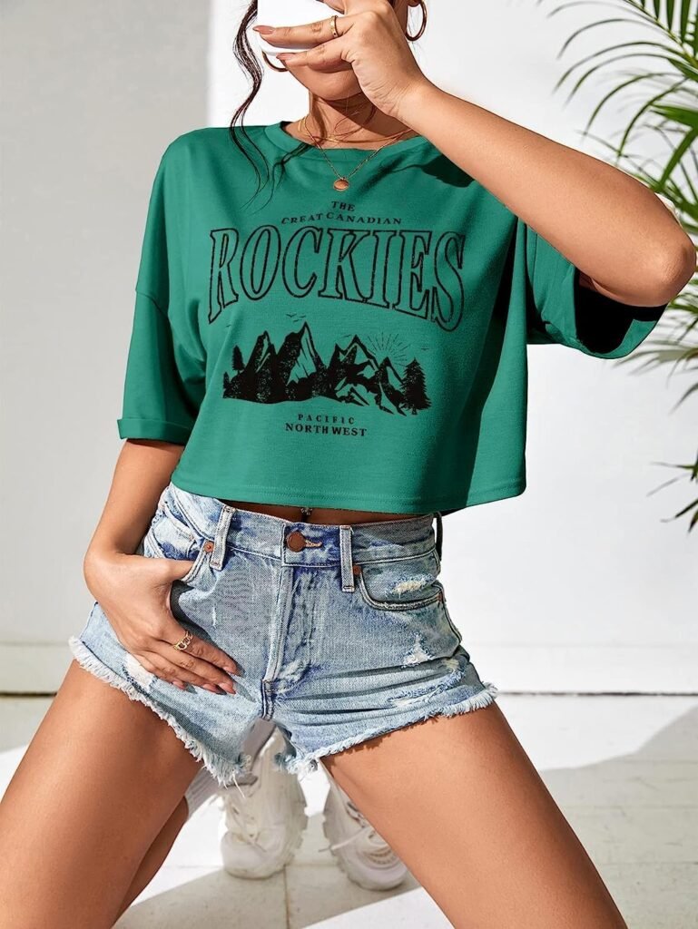 SweatyRocks Womens Letter Graphic Print Streetwear Tops Summer Half Sleeve Crop Loose Casual Tee Shirts