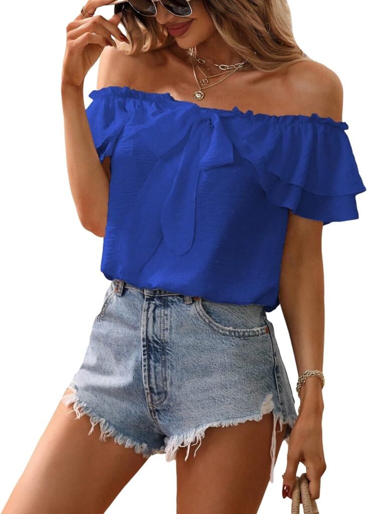 SweatyRocks Womens Off Shoulder Ruffle Trim Knot Front Blouse Tiered Layer Butterfly Short Sleeve Chiffon Tops Summer
