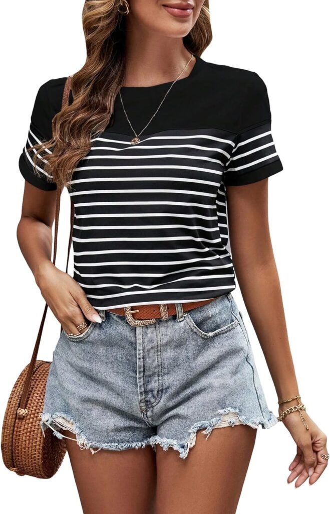 SweatyRocks Womens Short Sleeve T Shirt Striped Print Round Neck Casual Soft Knit Tee Top