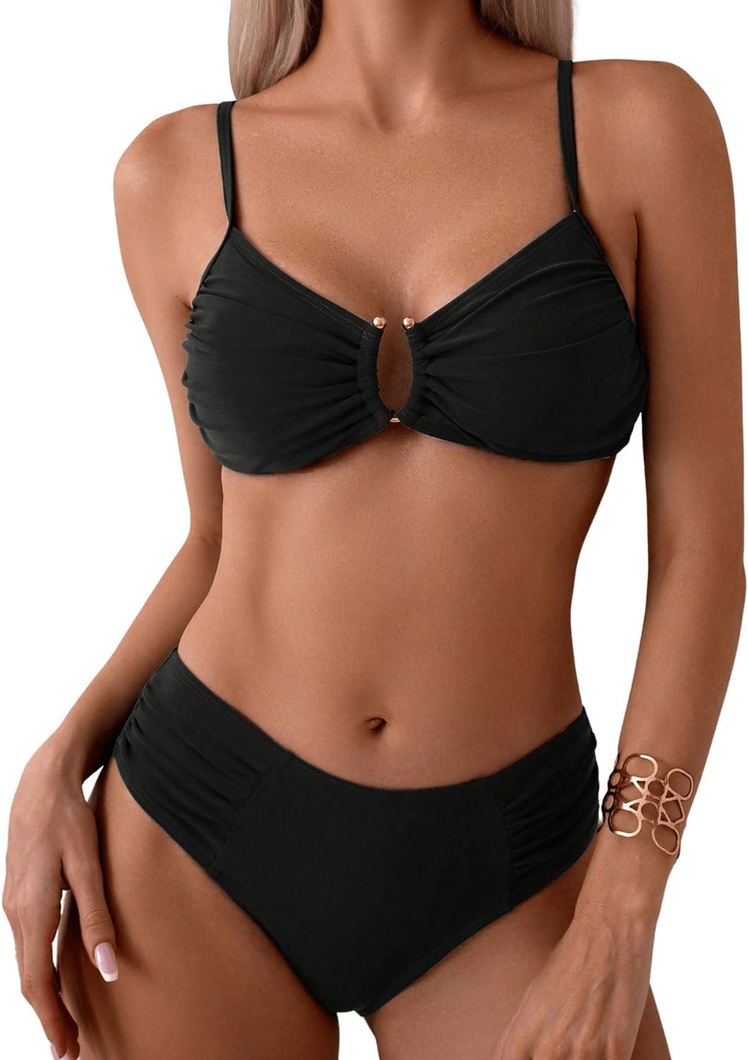 SweatyRocks Womens Two Piece Bikini Set Ring Linked Ruched Underwire Bikini Bathing Suit Swimwear Set Swimming Suit