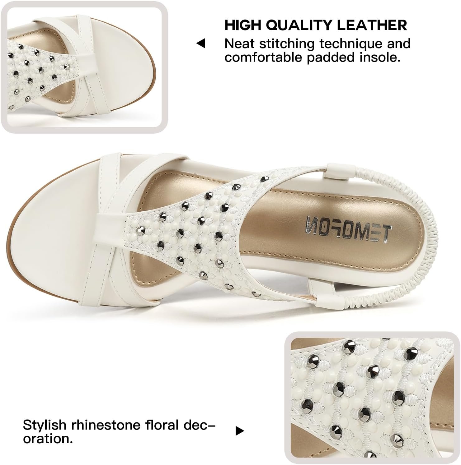 TEMOFON Womens Sandals Wedge Low: Summer Open Toe Wedges - Dressy Casual Elastic Ankle Strap Platform - Comfortable Rhinestone Flower Sandals