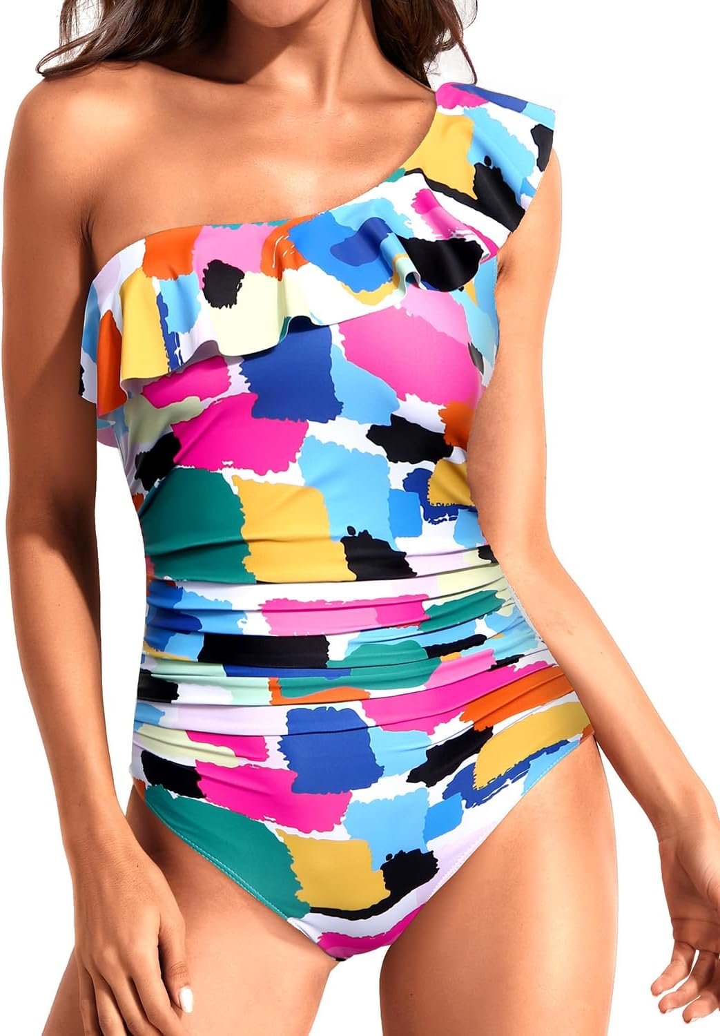 Tempt Me Women One Piece Swimsuits Tummy Control One Shoulder Bathing Suits Ruffle Swimwear