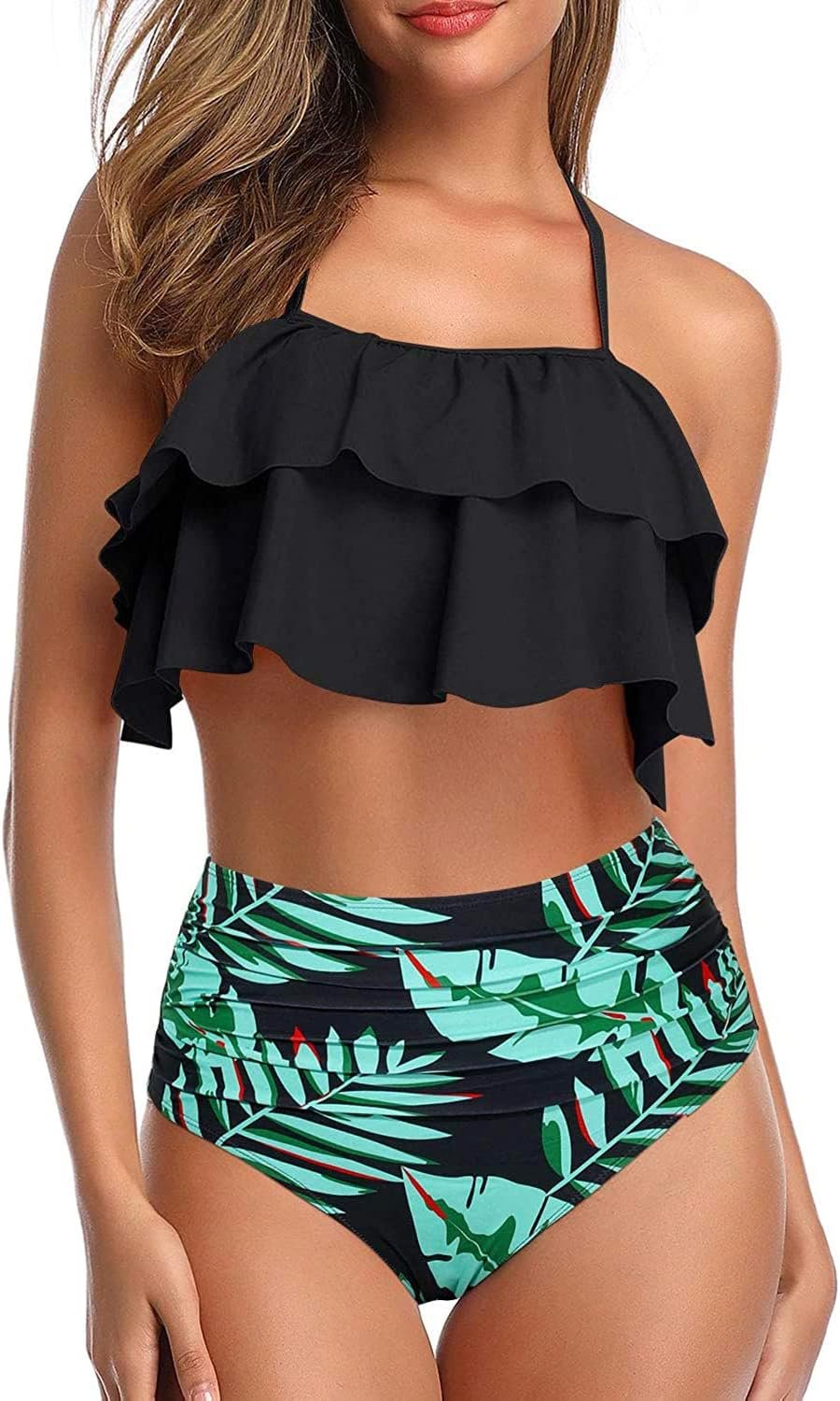Tempt Me Women Two Piece Swimsuits High Waisted Bikini Teen Ruffle Tummy Control Bottoms Halter Bathing Suits