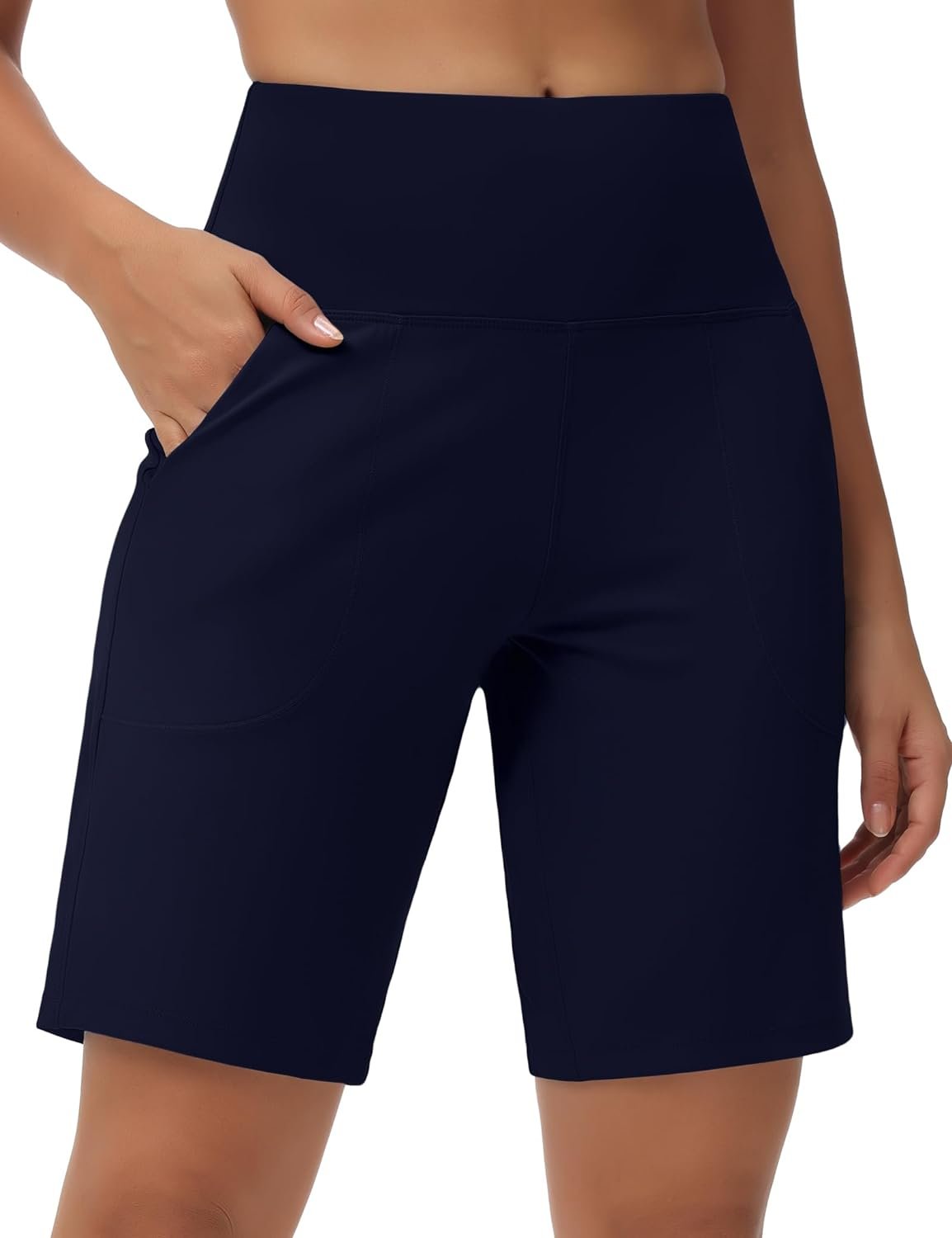 THE GYM PEOPLE Womens High Waisted Bermuda Workout Shorts Long Hiking Running Shorts with Zipper Pockets