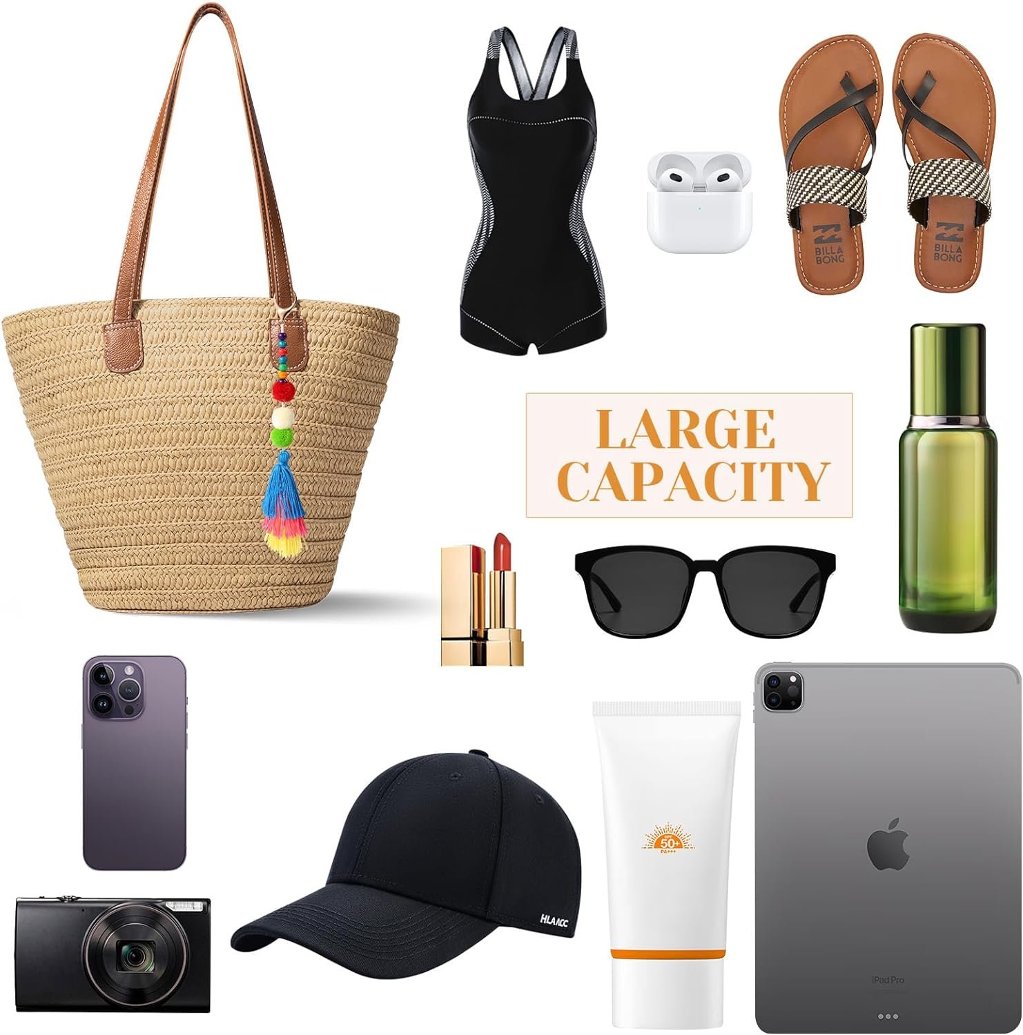 Trifabricy Beach Bag, Large Beach Bag for Women, Woven Straw Beach Tote Bag Waterproof, Weaving Swim Shopping Travel Bag