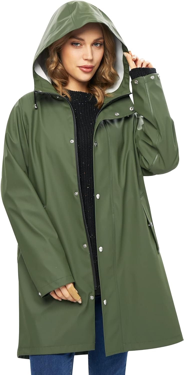 UNIQUEBELLA Rain Jackets for Women Waterproof, Raincoat Long Hooded Rain Coats Outdoor Windbreaker Trench Coat