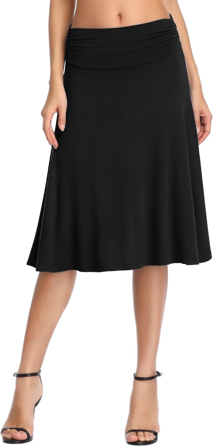 Urban CoCo Womens Ruched High Waist Knee Length Jersey A-Line Stretchy Flared Casual Skirt