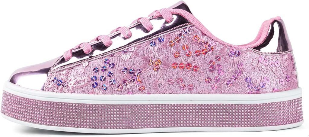 UUBARIS Womens Glitter Tennis Sneakers Floral Dressy Sparkly Sneakers Rhinestone Bling Wedding Bridal Shoes Shiny Sequin Shoes