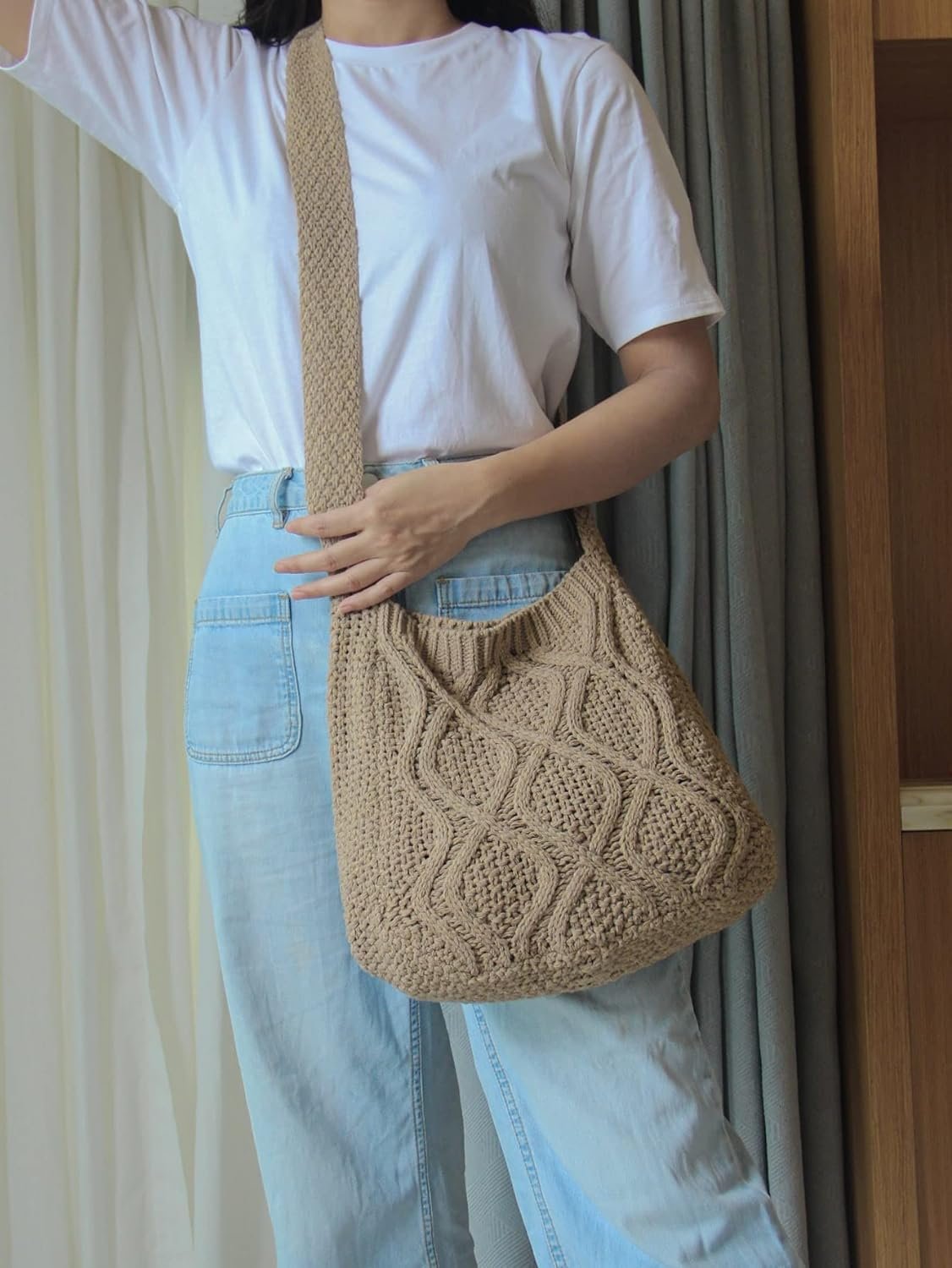 Verdusa Womens Crochet Shoulder HandBags Hobo Knitted Tote Bag Shopping Bags