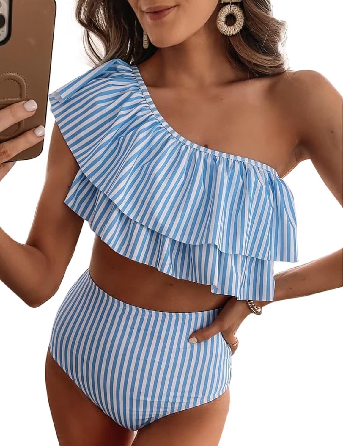 VIMPUNEC Ruffle One Shoulder Swimsuits for Women Cute High Waisted Two Piece Bathing Suits