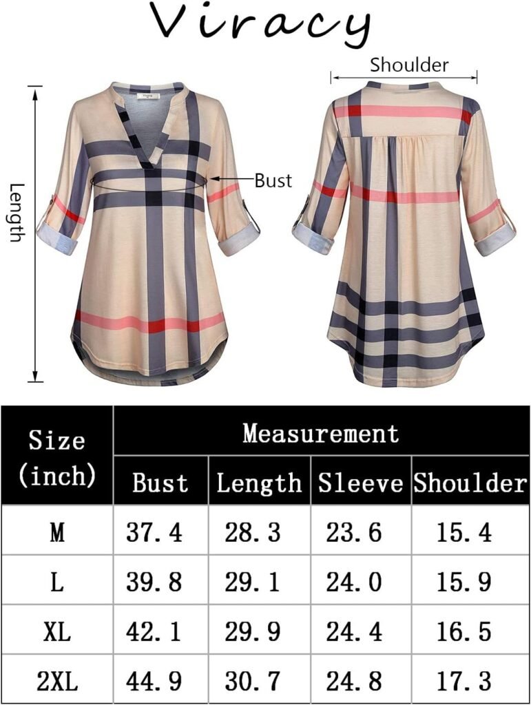 Viracy Womens 3/4 Roll Sleeve Shirt Notch V Neck Loose Pattern Tunic Top