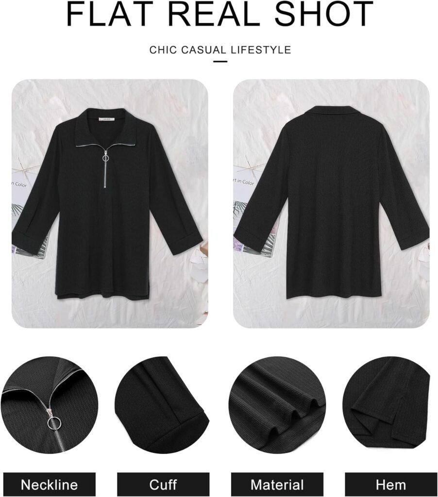 Vivilli Womens Tops Dressy Casual 3/4 Length Sleeve V Neck Shirts and Blouses Zipper Collar Women Polo Shirts