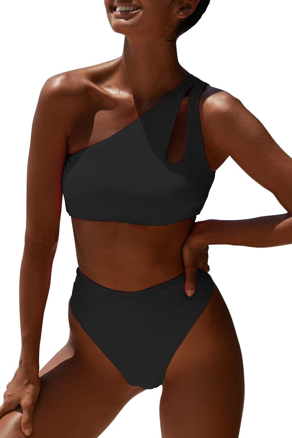 Women One Shoulder Bikini High Waisted Cutout Crop Top Swimsuit Sports Two Piece Padded Push Up High Cut Bathing Suit