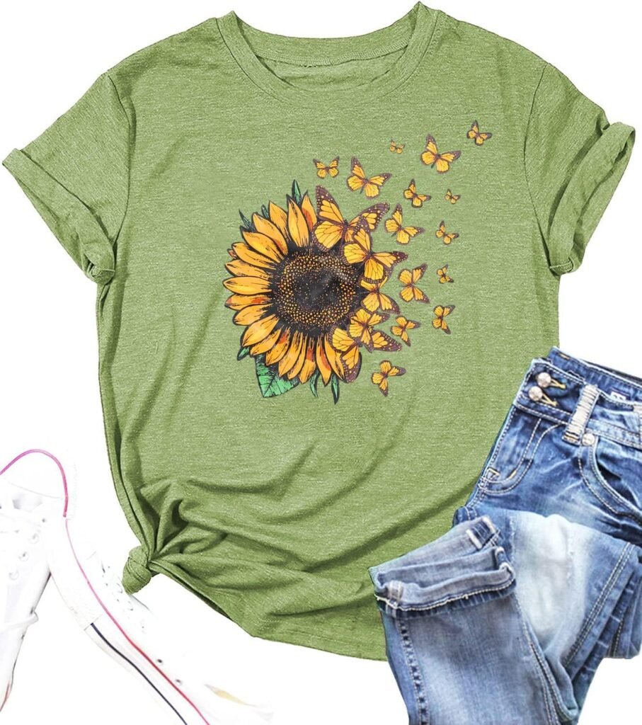 Women Sunflower Shirts Cute Butterfly Graphics Tshirt Casual Short Sleeve Summer Tops Holiday Tee Shirt