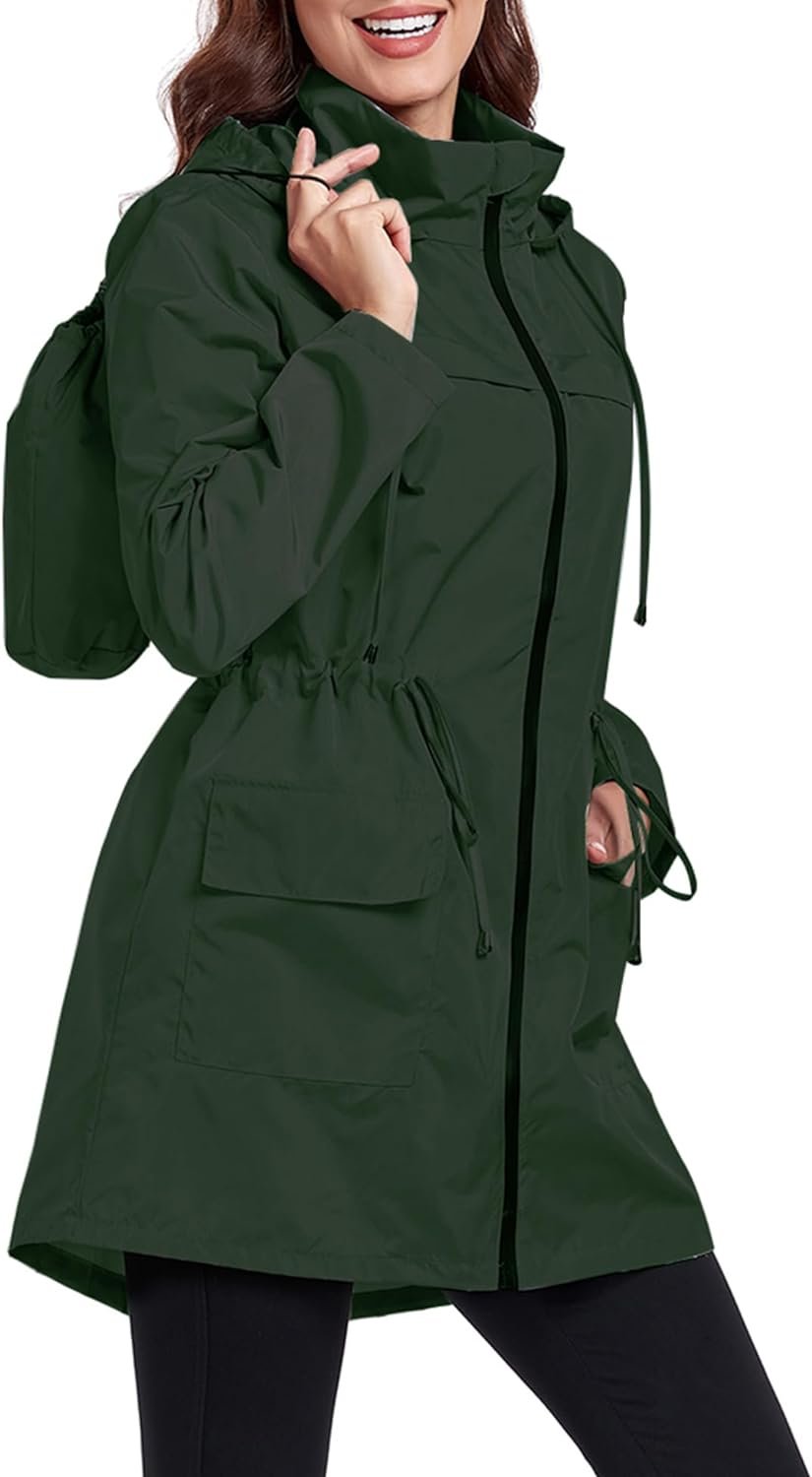 Women Waterproof Raincoat Lightweight Packable Active Outdoor Long Hooded Rain Jacket