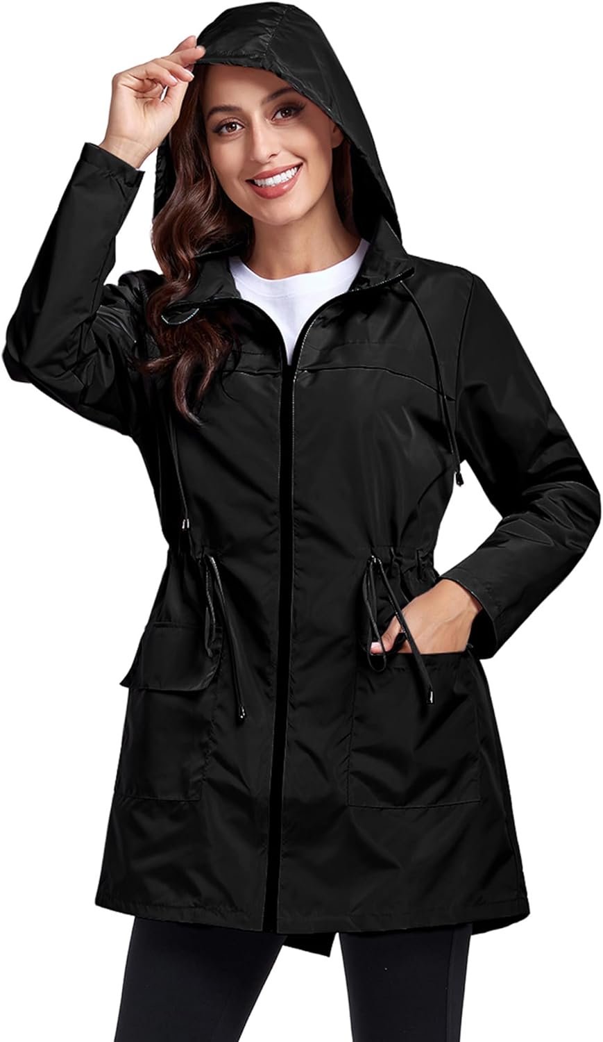 Women Waterproof Raincoat Lightweight Packable Active Outdoor Long Hooded Rain Jacket