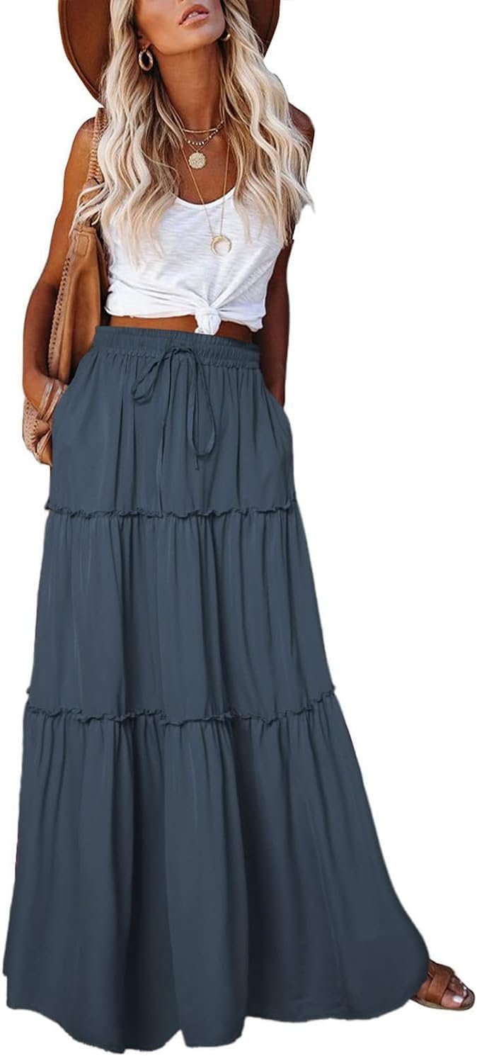 Womens 2024 Summer Skirt High Waist Flowy A Line Boho Skirt Maxi Skirt with Pockets