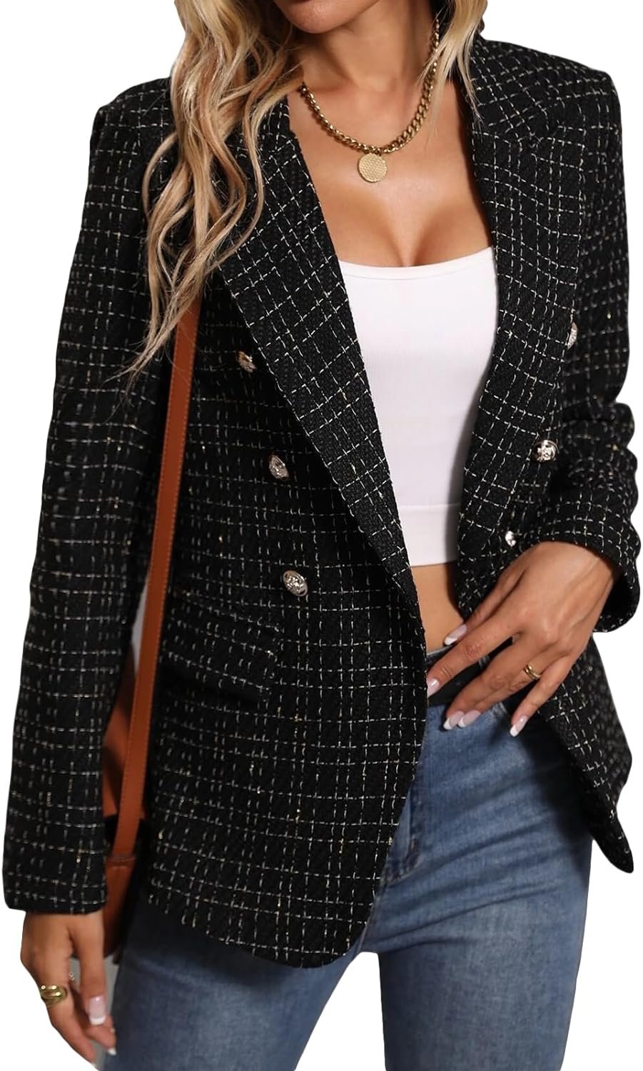 Womens Casual Blazer 2024 Spring Open Front Business Work Tweed Plaid Jacket Suit Pocket (S-XXL)