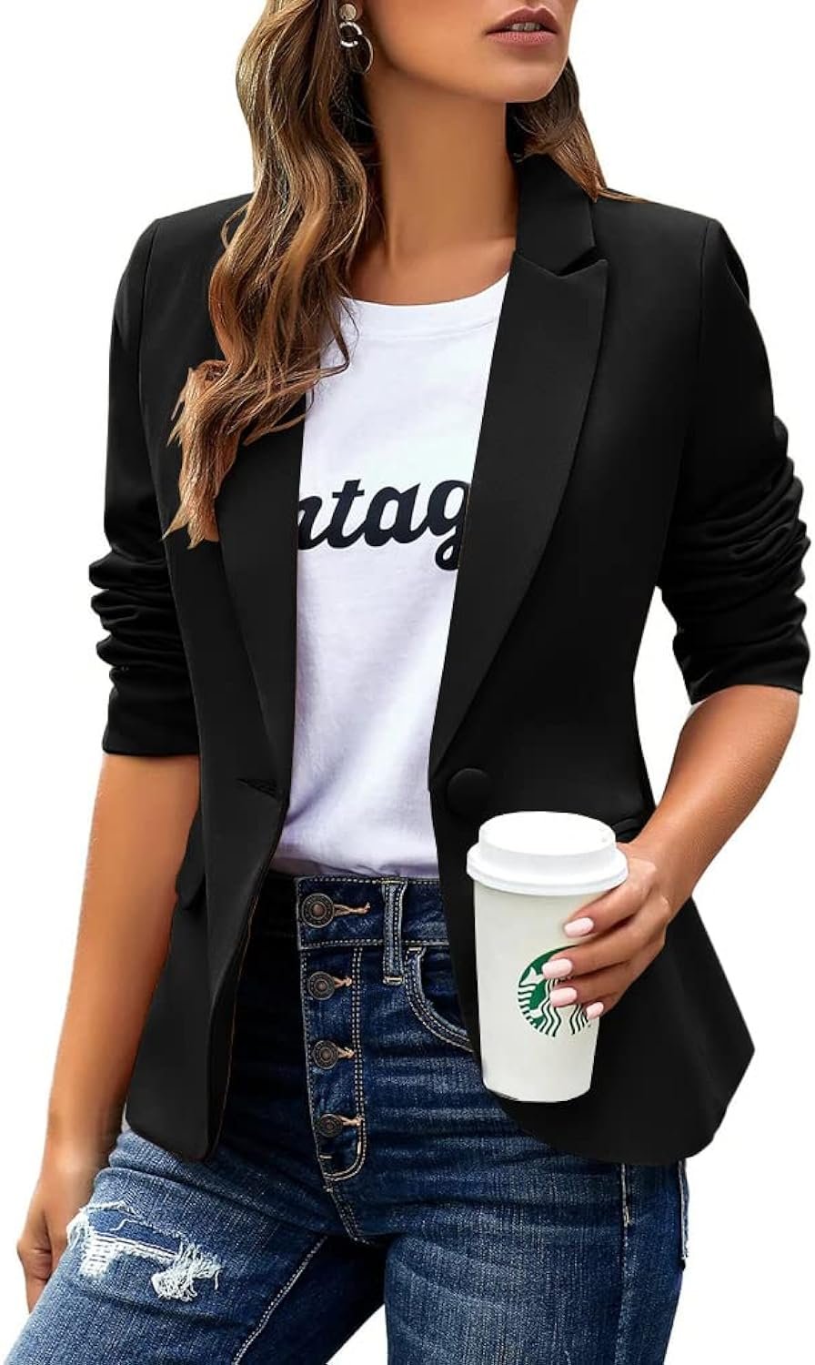 Womens Casual Blazers Long Sleeve Lapel Button Slim Work Office Blazer Jacket