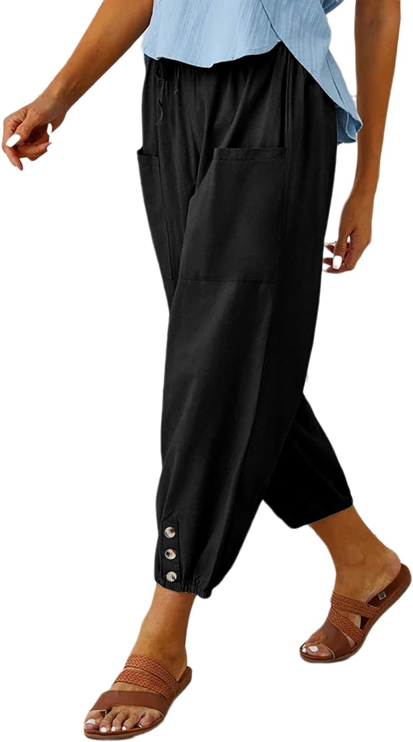 Womens Casual Lantern Tapered Harem Pants Loose Fit Style Flax Ankle Trousers Summer Baggy Slacks with Pocket