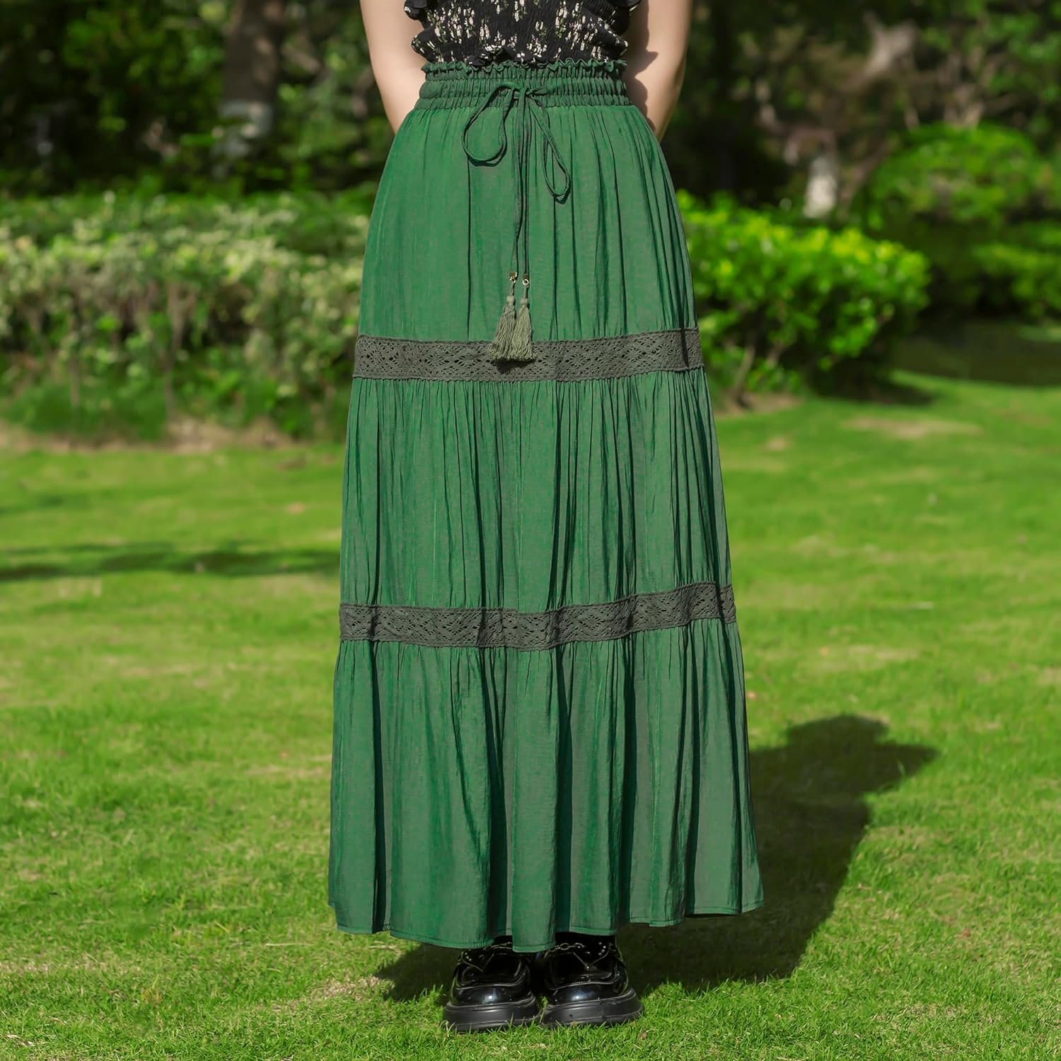 Womens Elastic High Waist Pleated Maxi Skirts Boho Summer Tiered Drawstring Skirt Bohemian Long Ruffle Dress