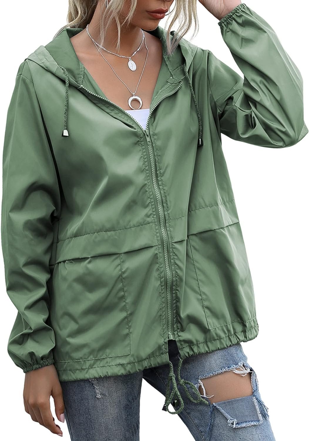 Womens Raincoats Lightweight Waterproof Windproof Adjustable Windbreaker Rain Jackets Hooded with Pockets S-XXL