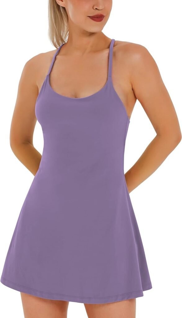Womens Tennis Dress, Workout Dress with Built-in Bra  Shorts Pockets Exercise Dress for Golf Athletic Dresses for Women