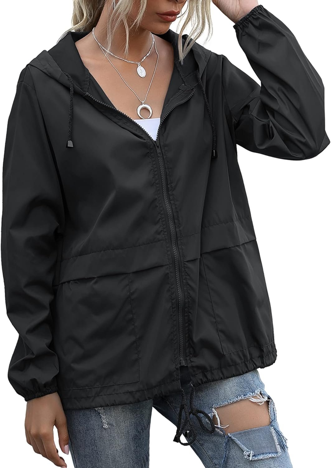 Womens Waterproof Raincoat Lightweight Rain Jacket Hooded Windbreaker with Pockets for Outdoor