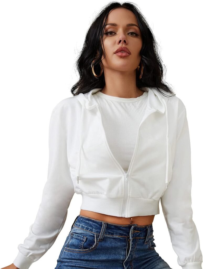 Womens Zip Up Hoodies Cropped Cardigan Jacket Drawstring Hooded Sweatshirts Casual Long Sleeve Top…