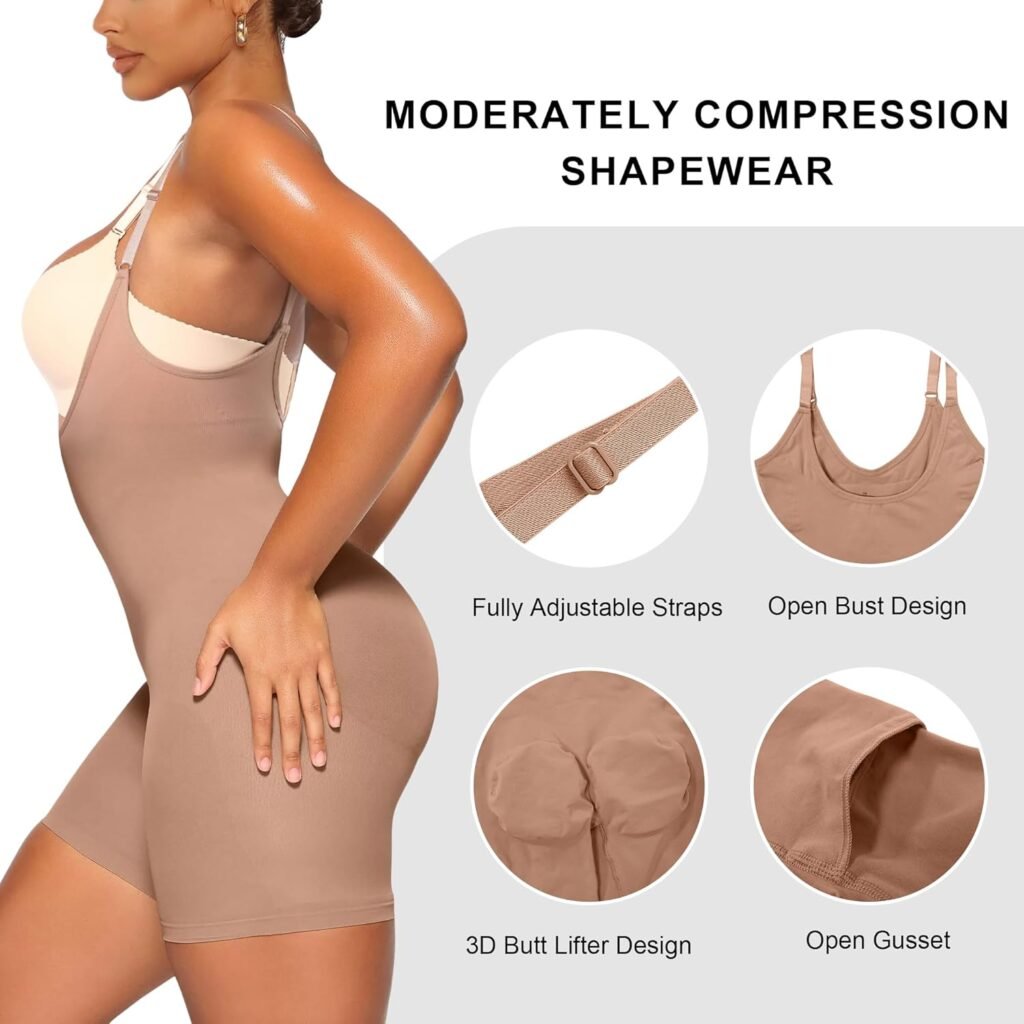 YIANNA Shapewear for Women Tummy Control Bodysuit Open Bust Mid Thigh Seamless Sculpting Body Shaper