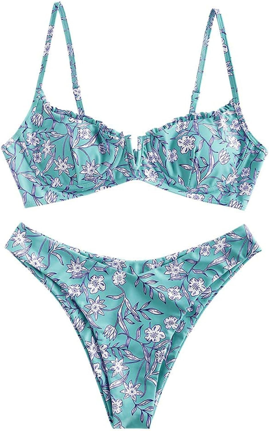 ZAFUL Womens Underwire Bikini Floral High Cut Bikini Set V-Wired Two Piece Swimsuit Bathing Suit