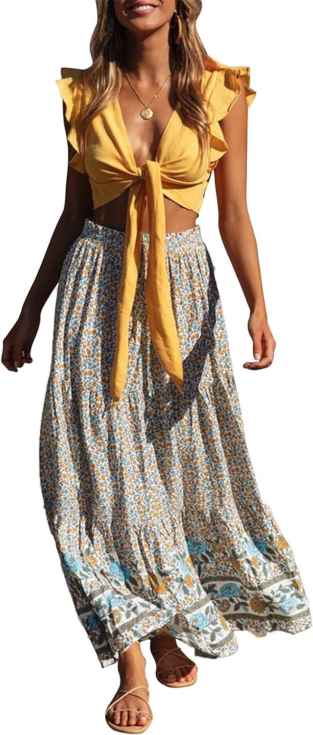 ZESICA Womens 2024 Bohemian Floral Printed Elastic Waist A Line Maxi Skirt with Pockets